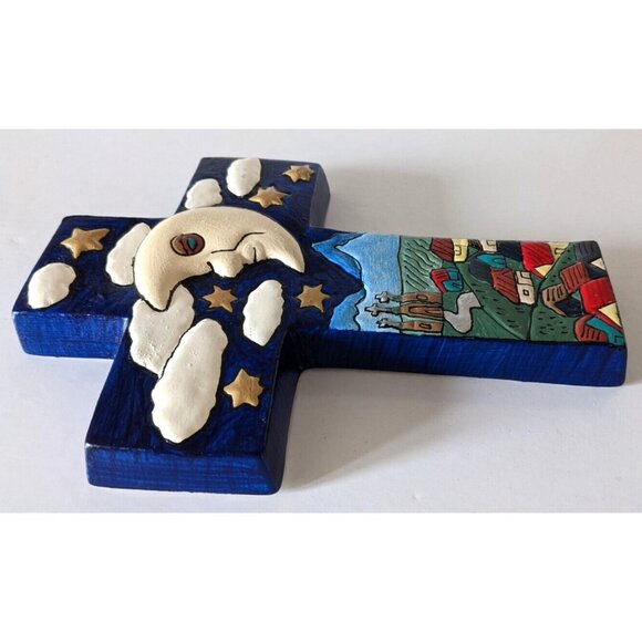 Vintage Folk Art Pottery Cross Blue Hand Made Hand Painted Wall Hanging 9"* 6.5" - Picture 2 of 4